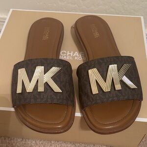 Michael Kors Brown Slides with Gold Accents